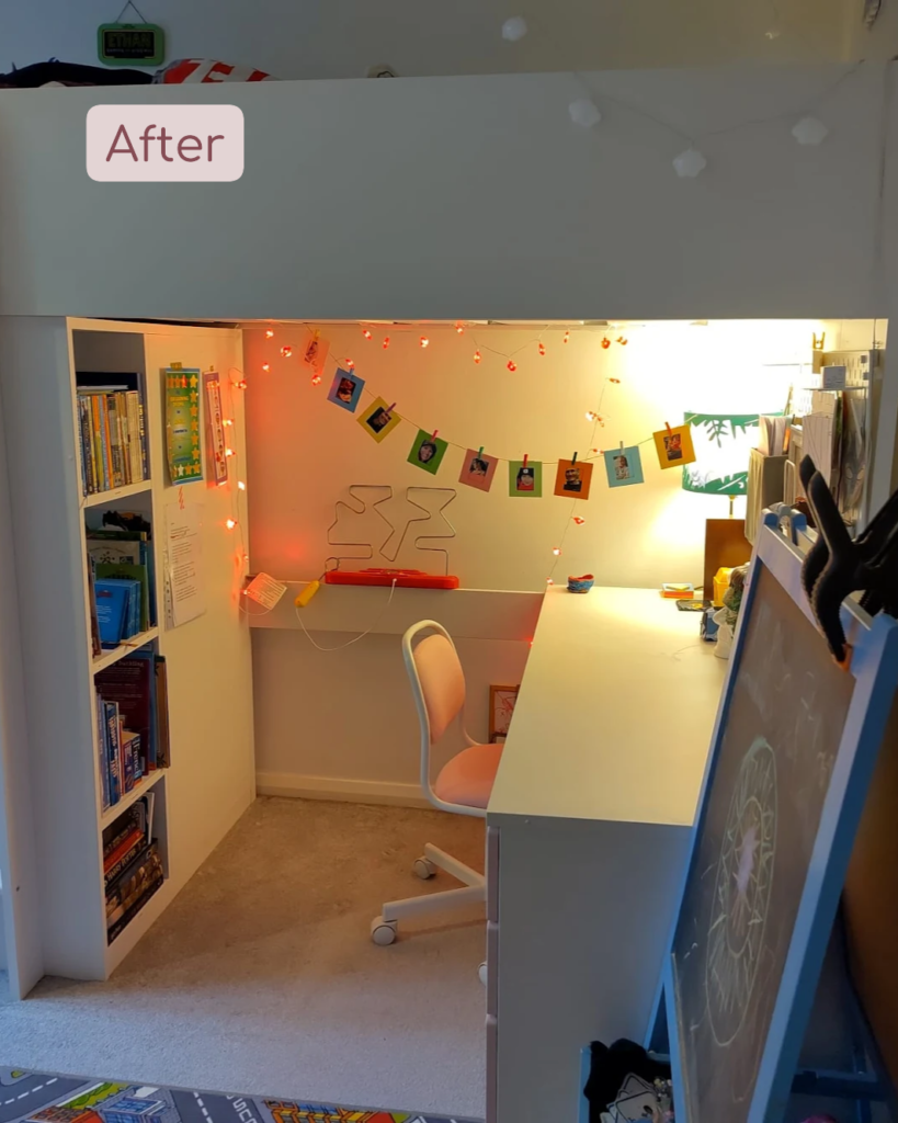 children's bedroom with a clear desk and floor and organised bookshelves