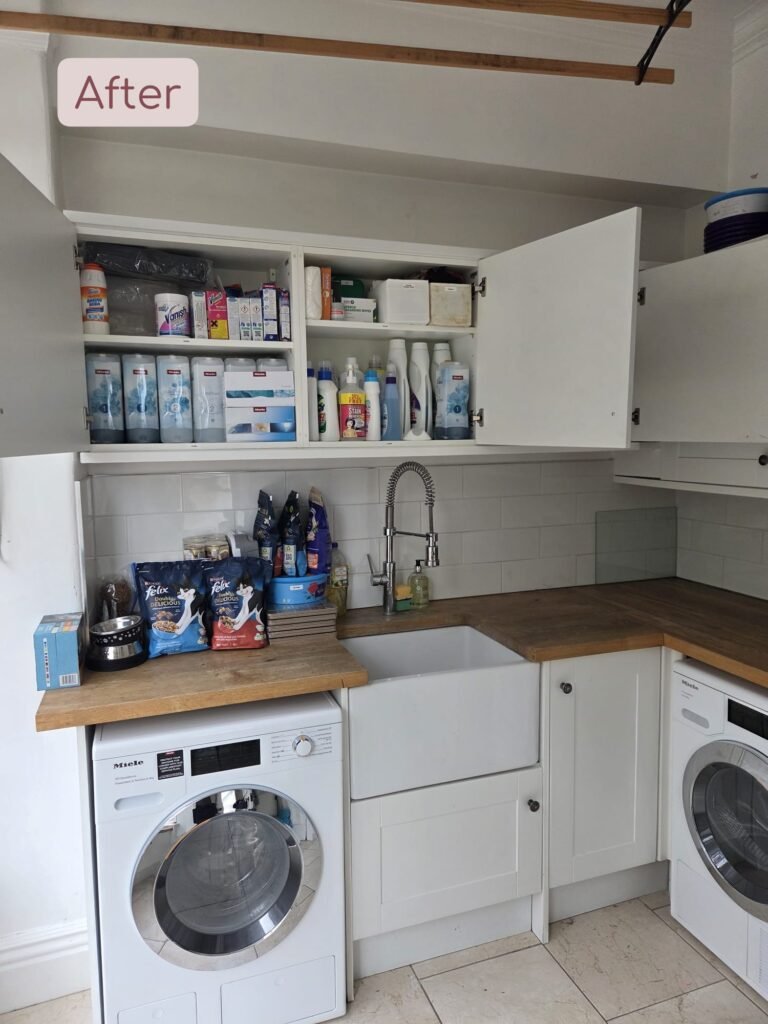 an organised utility room with neatly organised items in the cupboards and on the counter