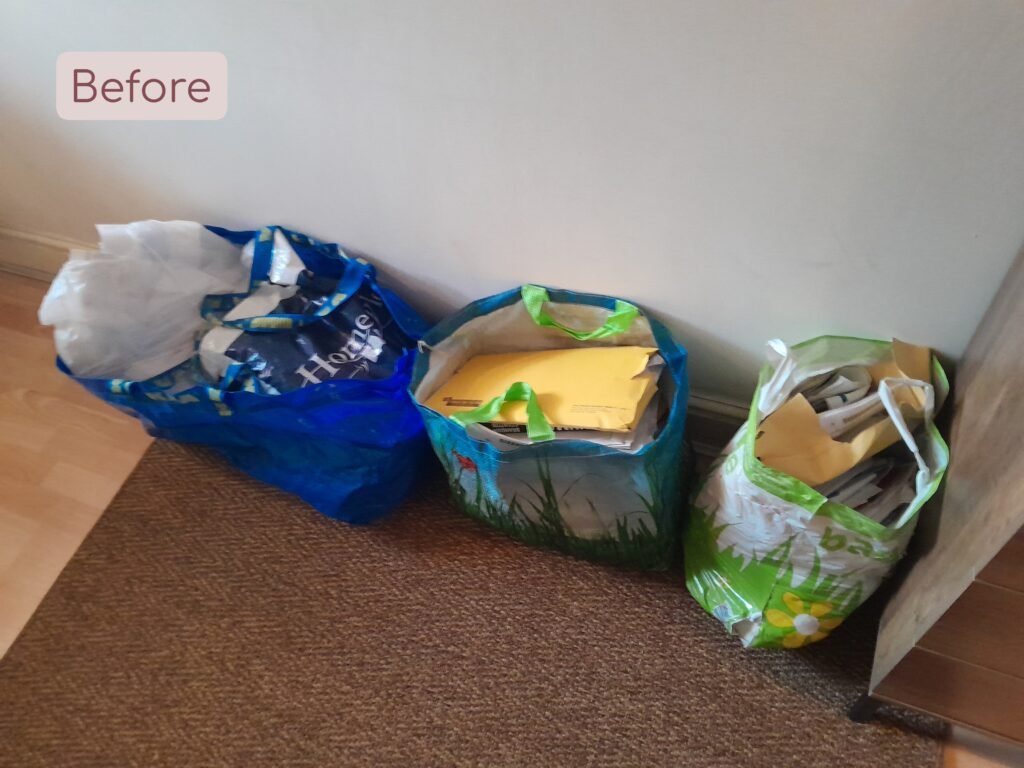 bags of paperwork in a hallway