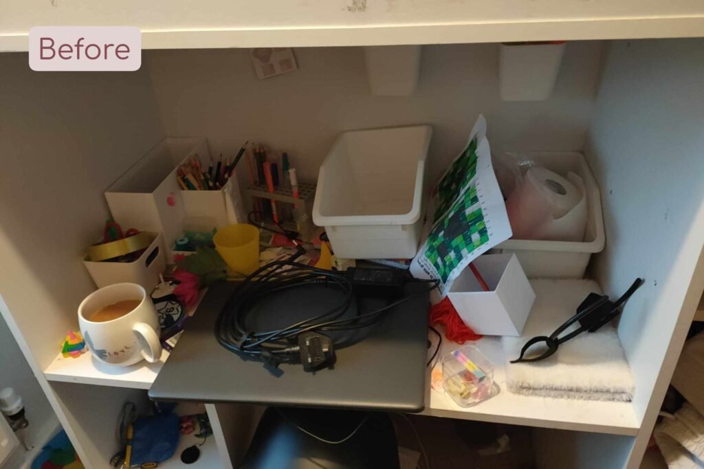 a desk with lots of items on it